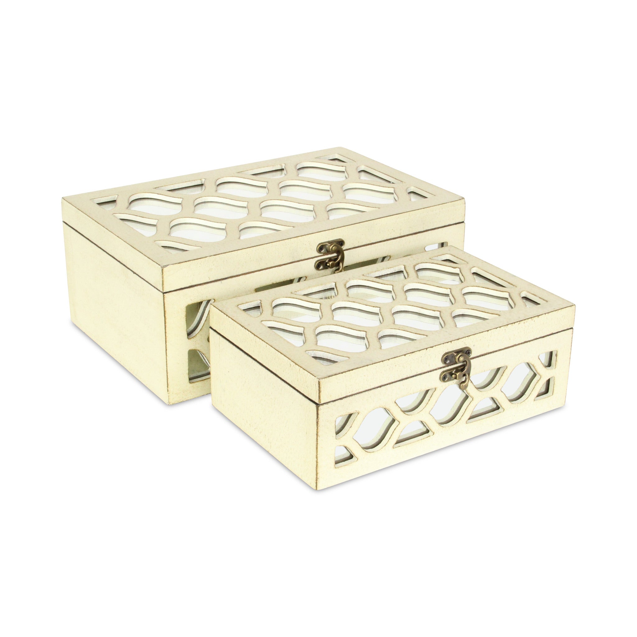 Set of White Quatrefoil Mirror Jewelry Storage Boxes