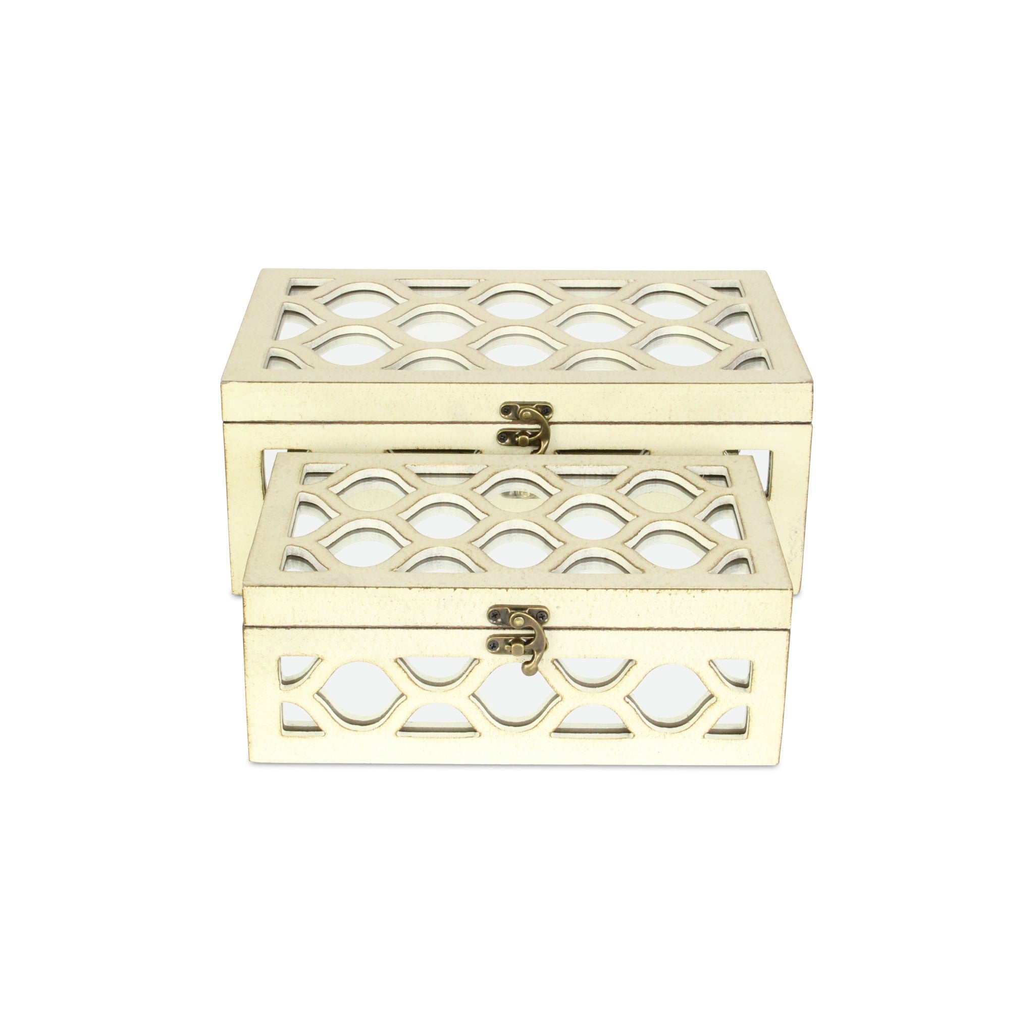 Set of White Quatrefoil Mirror Jewelry Storage Boxes