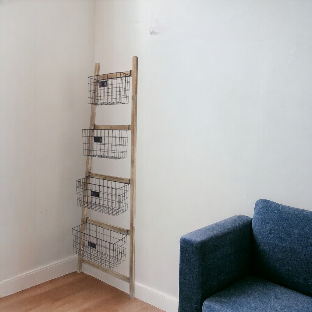 Wooden Ladder Storage Piece with 4 Baskets