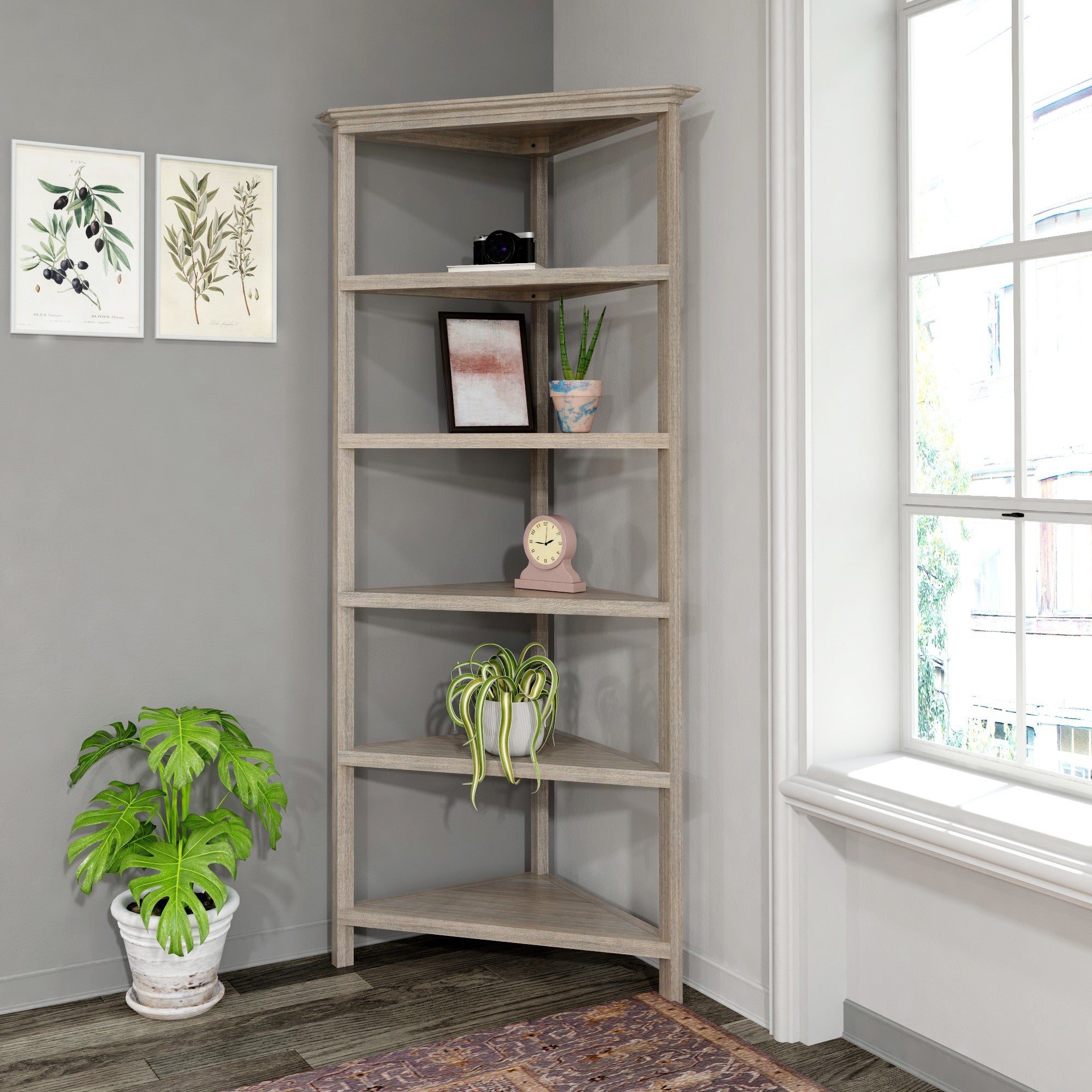 75" Gray Solid Wood Five Tier Standard Bookcase