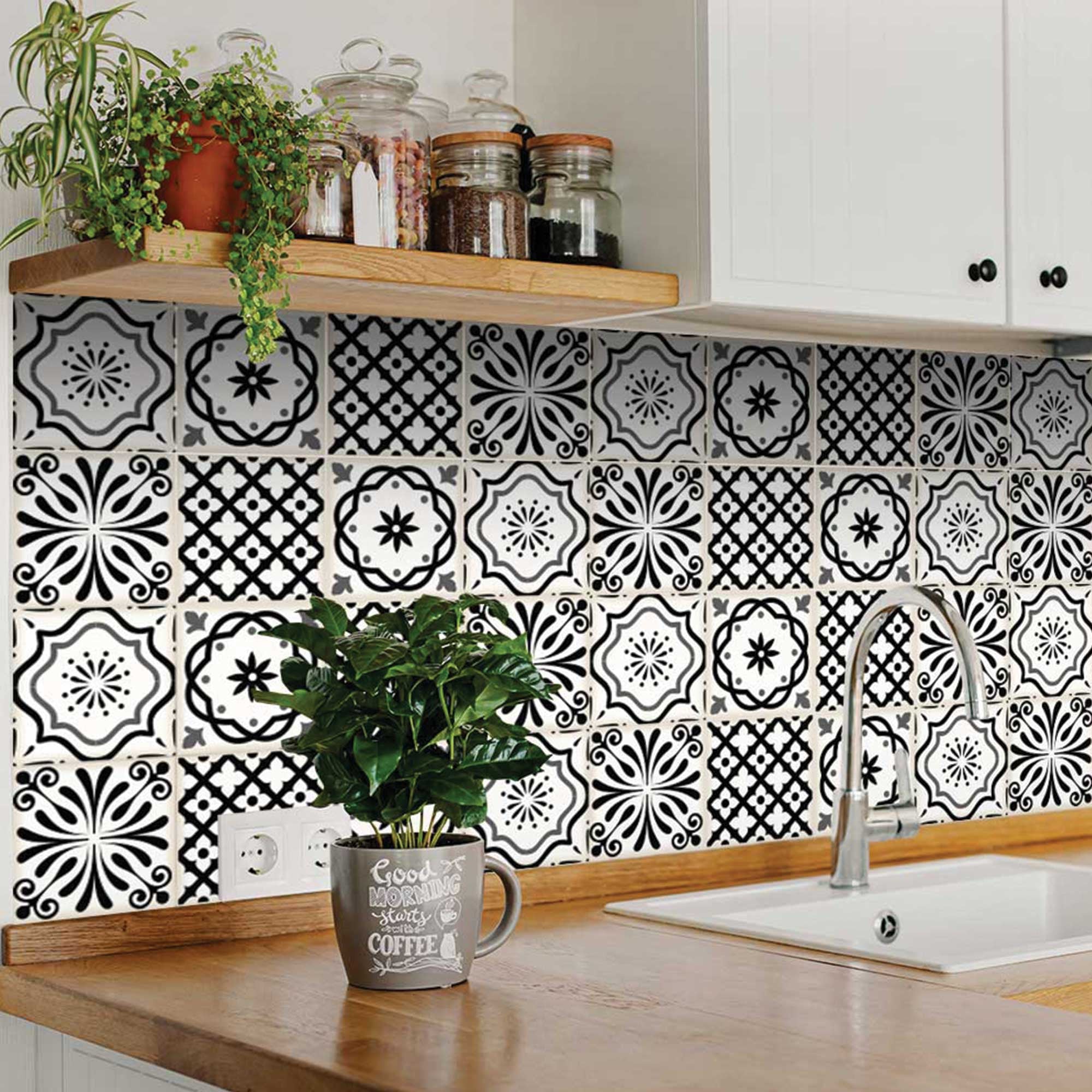 4" X 4" Black and White Multi Peel and Stick Removable Tiles