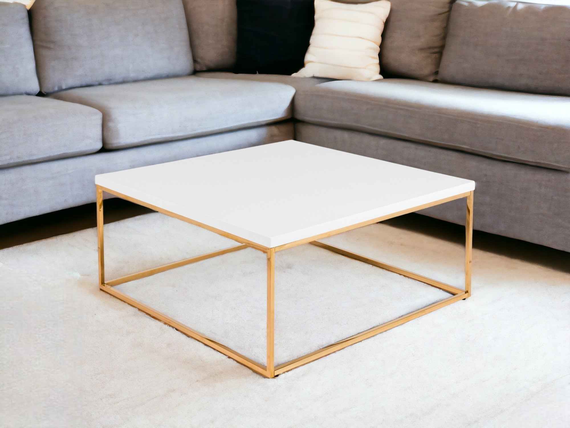 35" White And Gold Metal Square Coffee Table