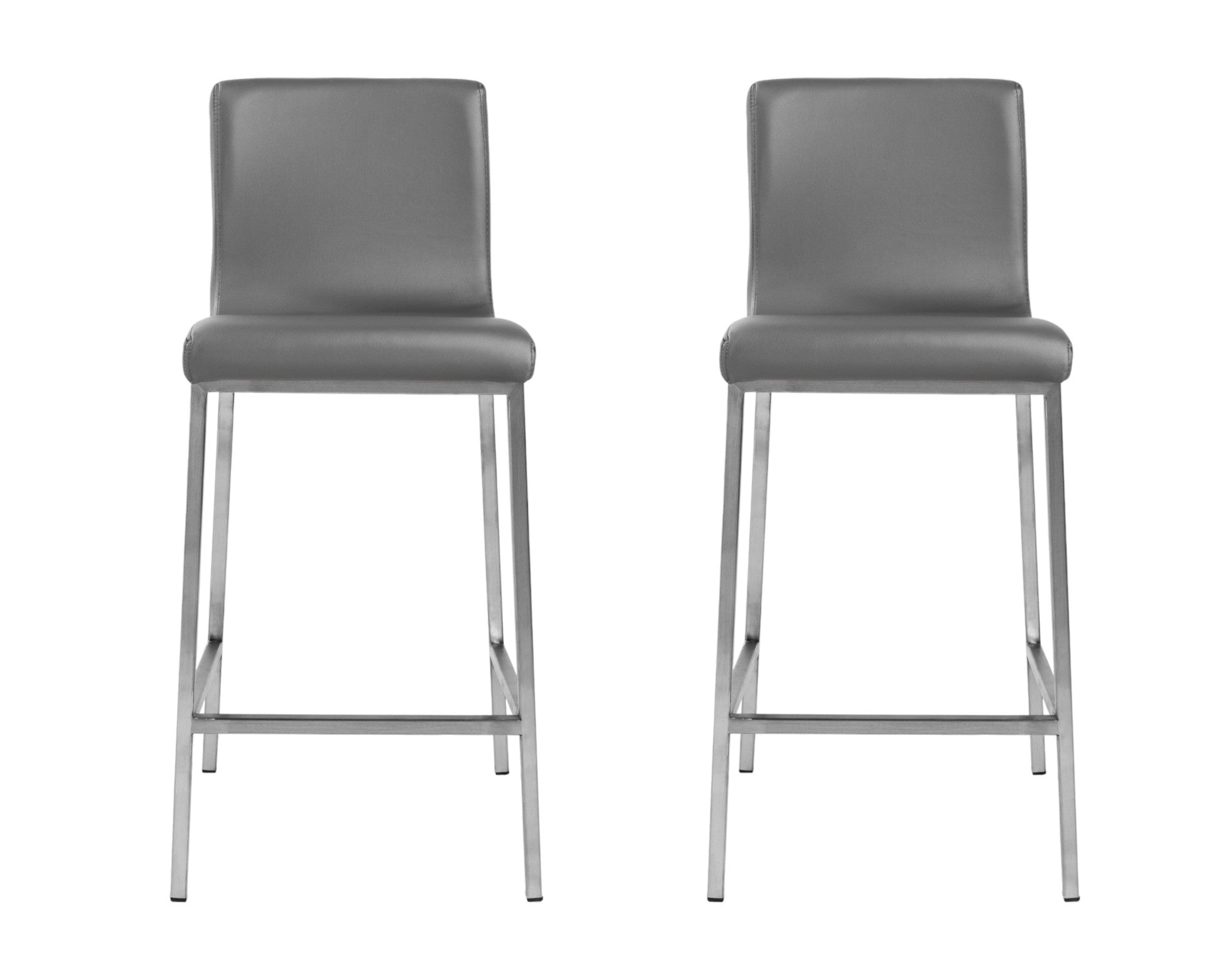 Set of Two 26" Gray And Silver Faux Leather And Steel Low Back Counter Height Bar Chairs