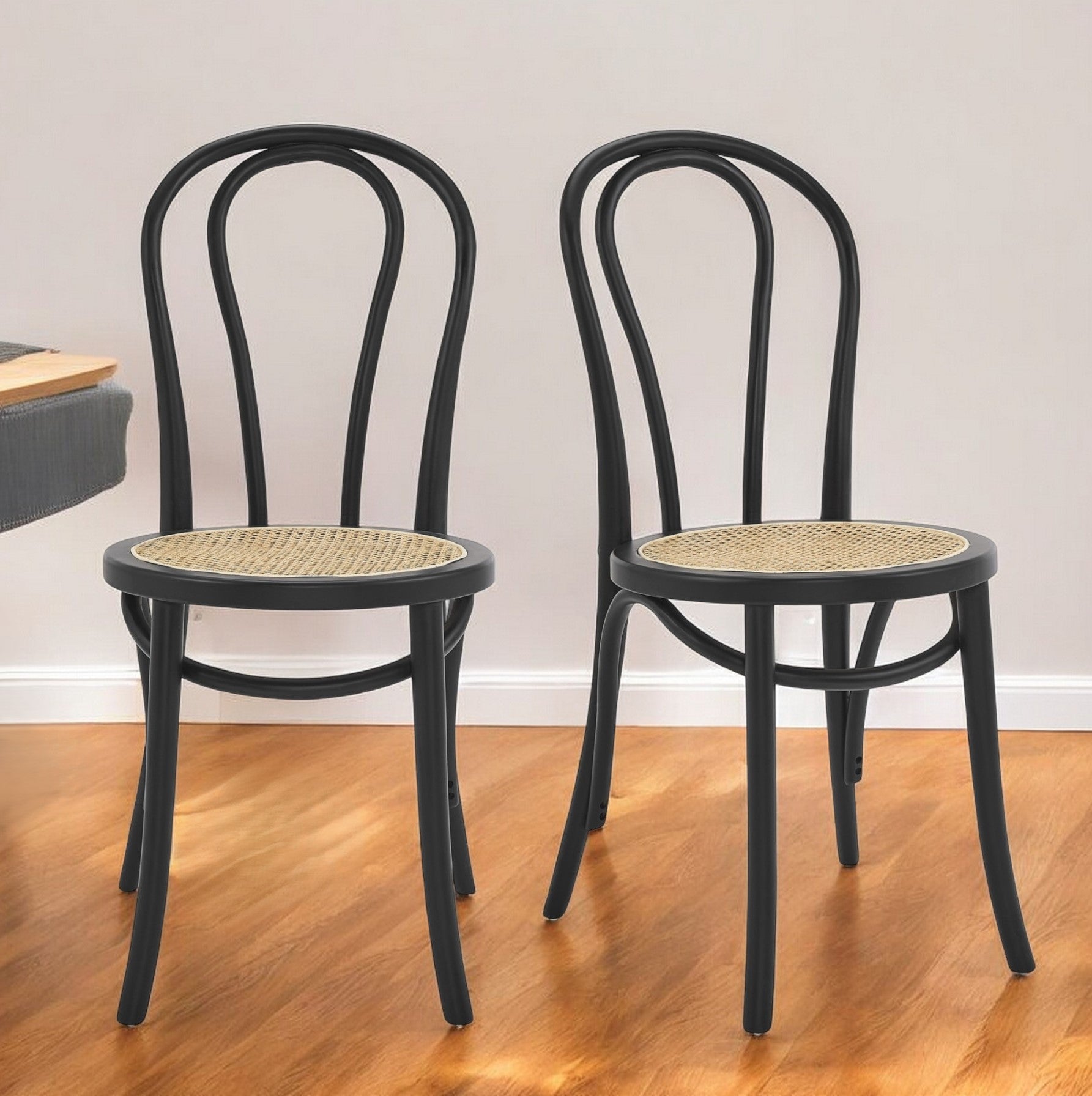 Set of Two Vintage Style Black Cane Dining Chairs