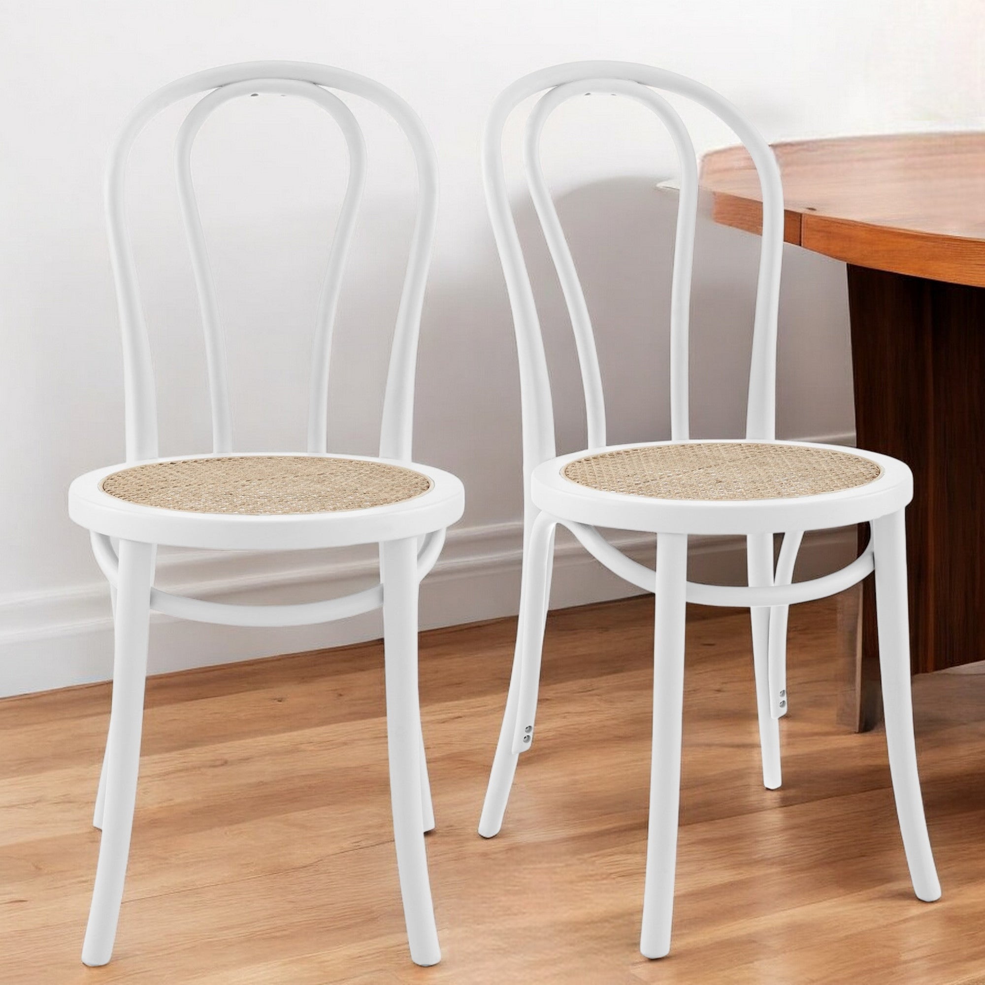 Set of Two Vintage Style White Cane Dining Chairs