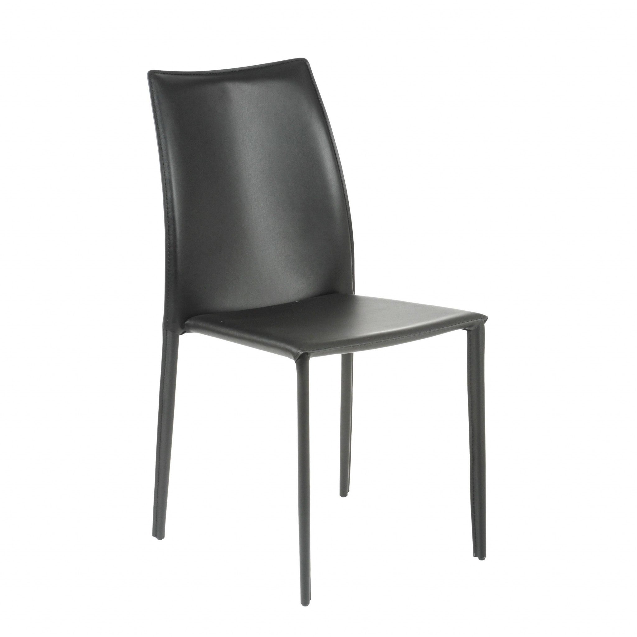 Set of Two Premium All Black Leather Match Stacking Dining Chairs