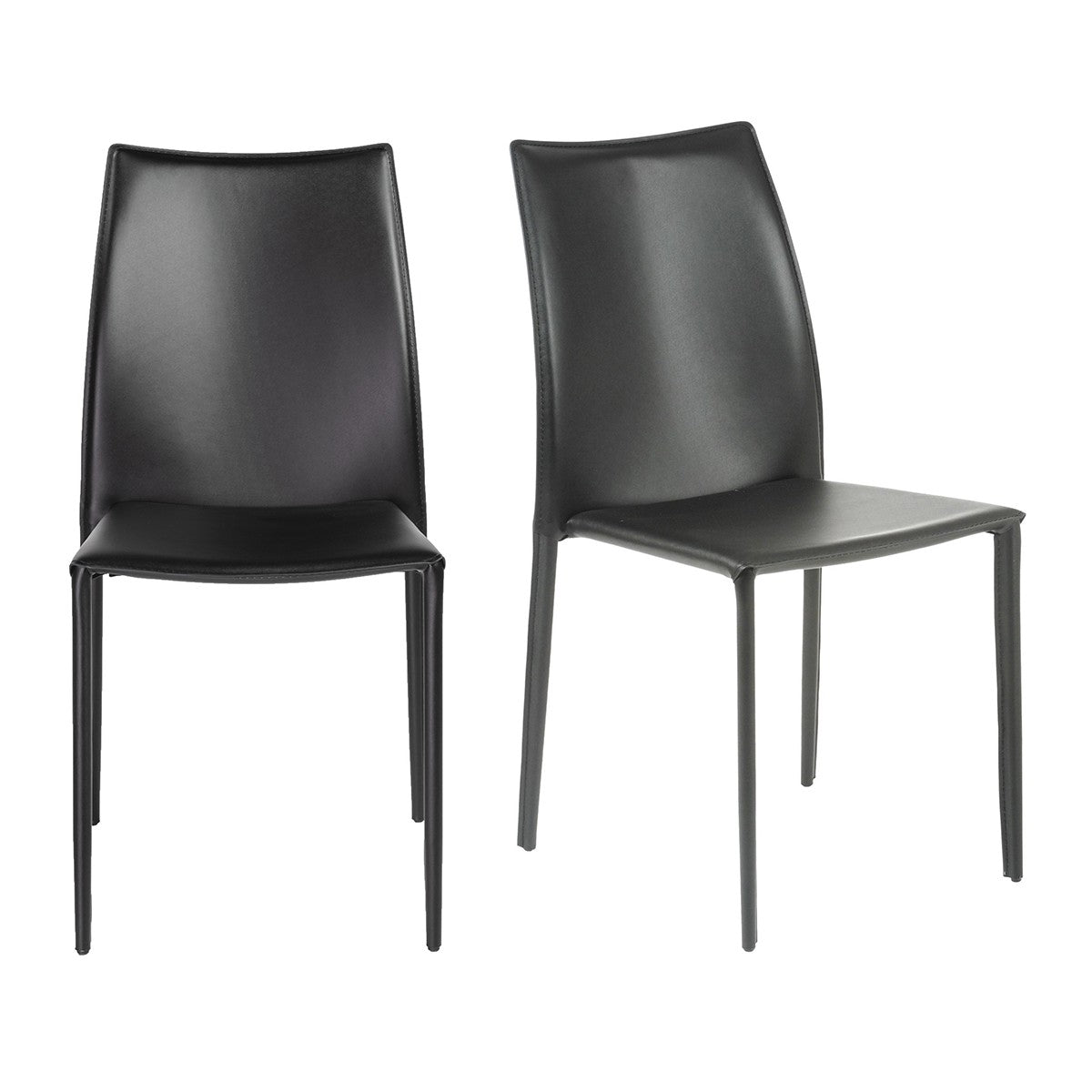 Set of Two Premium All Black Leather Match Stacking Dining Chairs