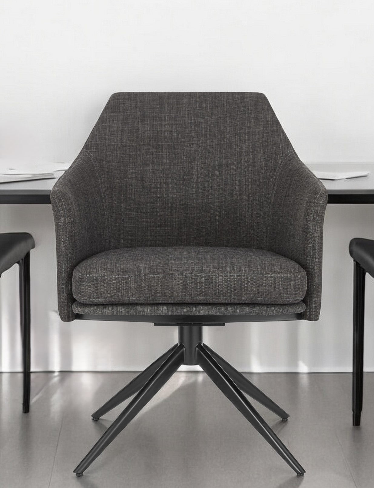 Dark Gray Fabric and Black Swivel Armchair