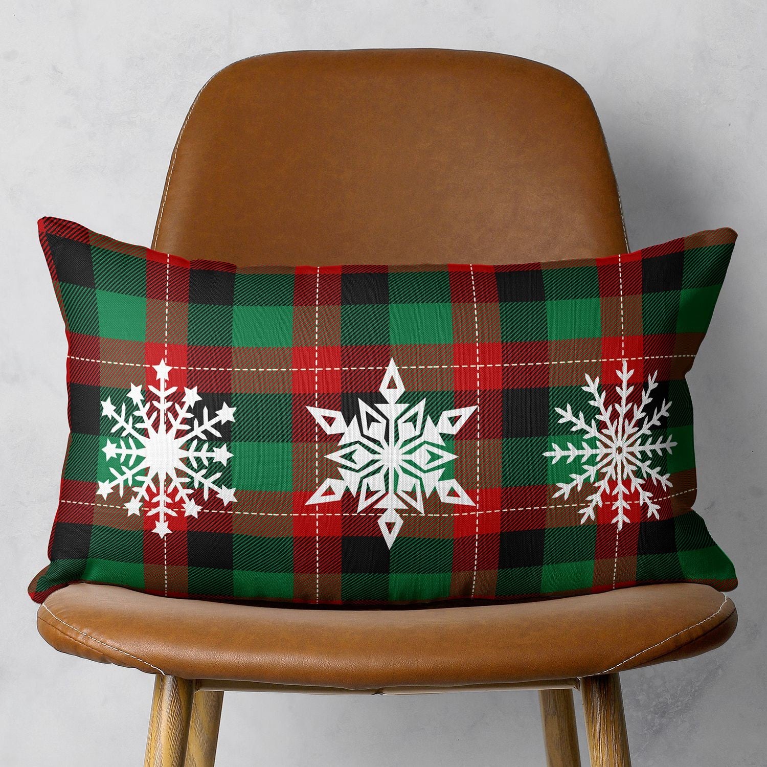 Christmas Snowflake Trio Plaid Lumbar Throw Pillow