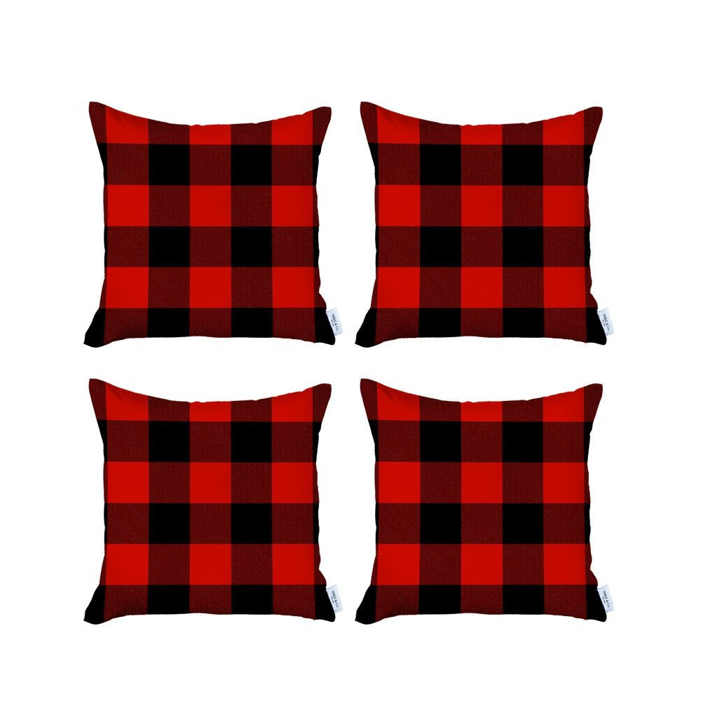 Set Of Four 18 X 18 Red And Black Plaid Zippered Polyester Christmas Throw Pillow