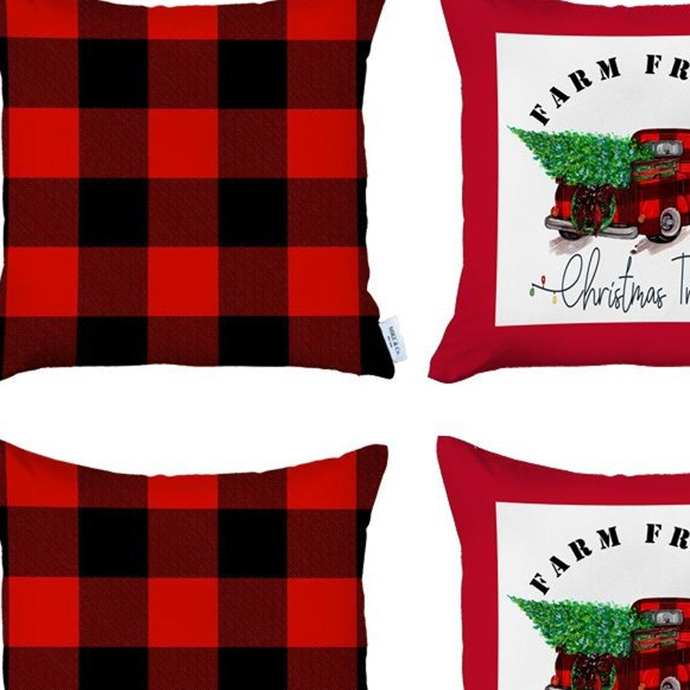 Set of 4 Red Plaid and Red Truck Throw Pillows