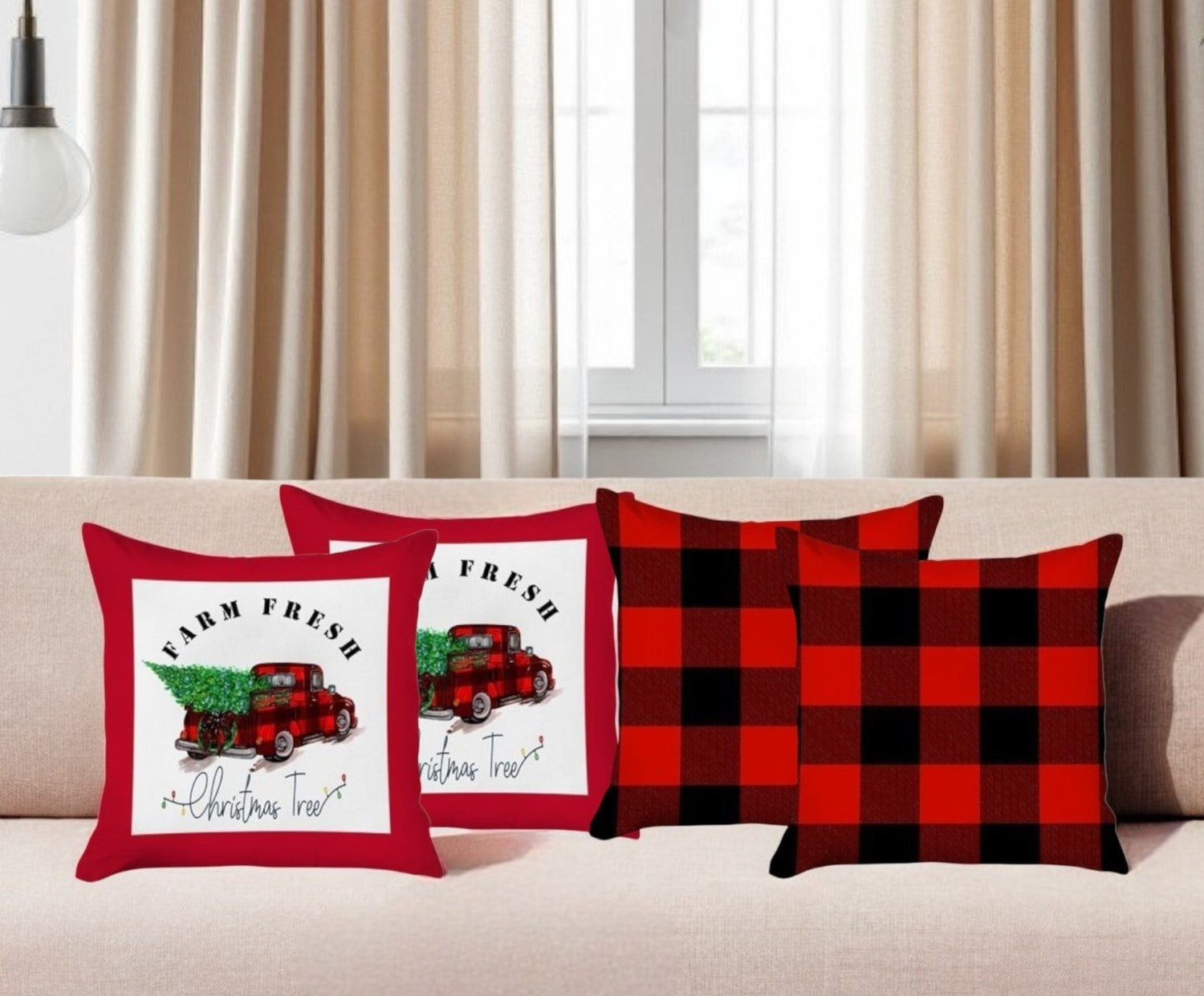 Set of 4 Red Plaid and Red Truck Throw Pillows