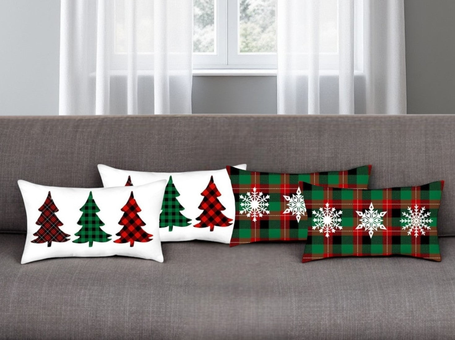 Set of 4 Christmas Plaid Lumbar Decorative Pillows