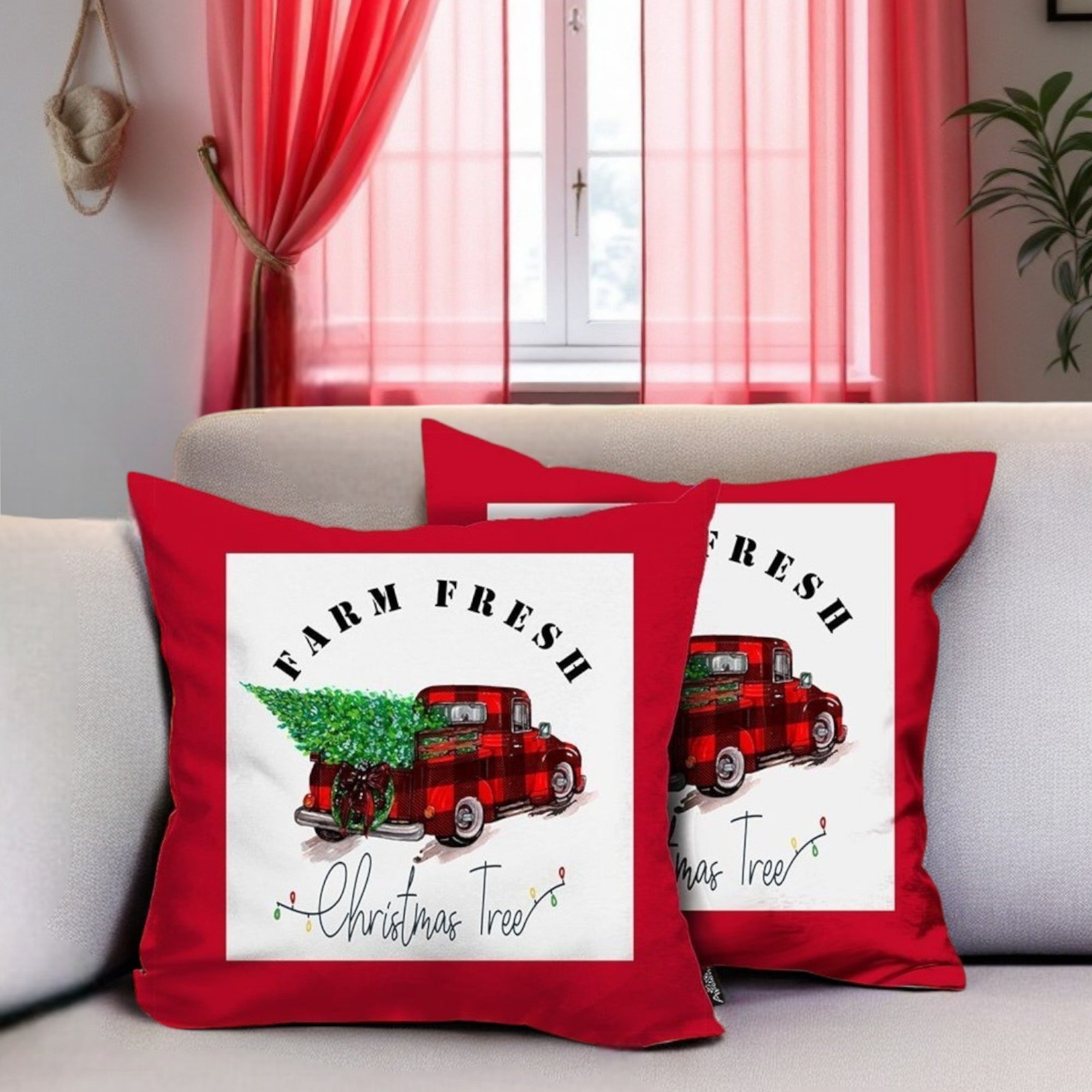 Set of 2 Christmas Buffalo Check Pick Up Truck Pillow Covers