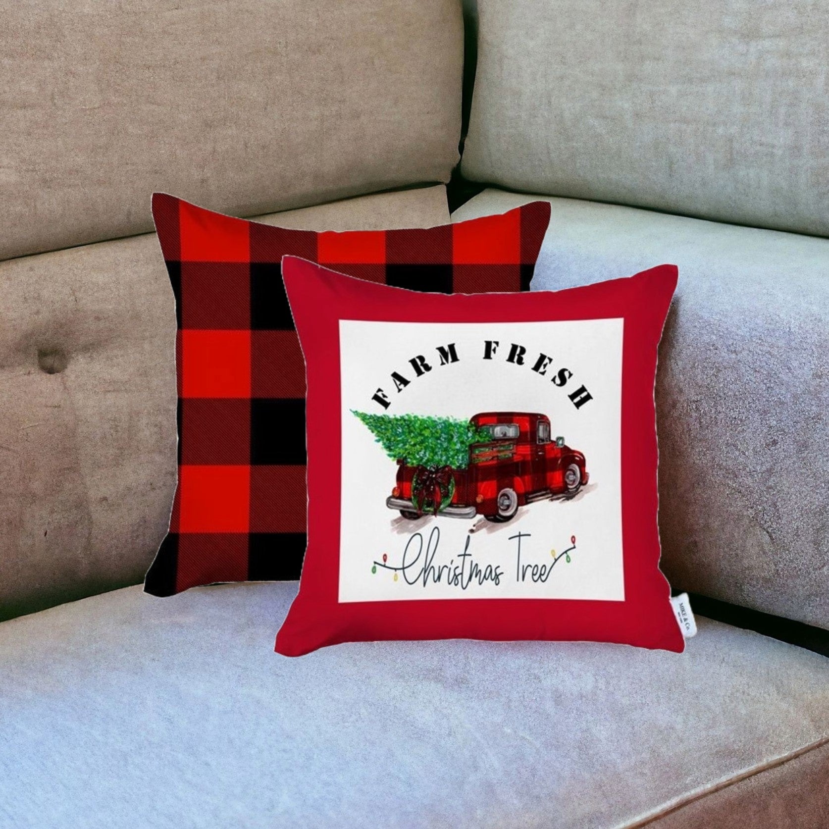 Set of 2 Red Plaid and Red Truck Throw Pillow Covers