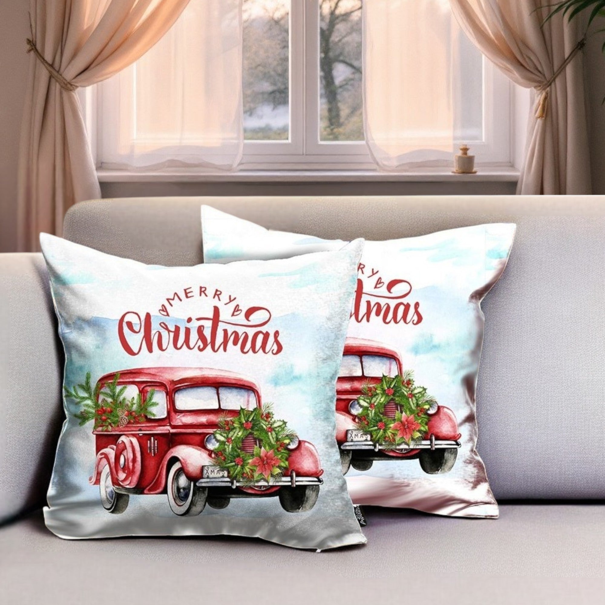 Set of 2 Merry Christmas Vintage Red Car Thow Pillow Covers