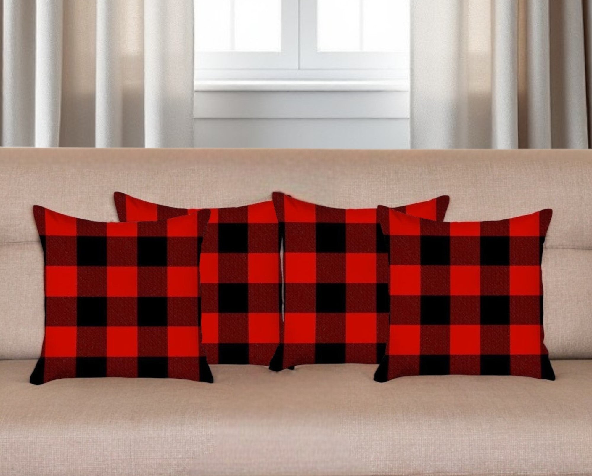 Set of 4 Red and Black Buffalo Plaid Throw Pillow Cover