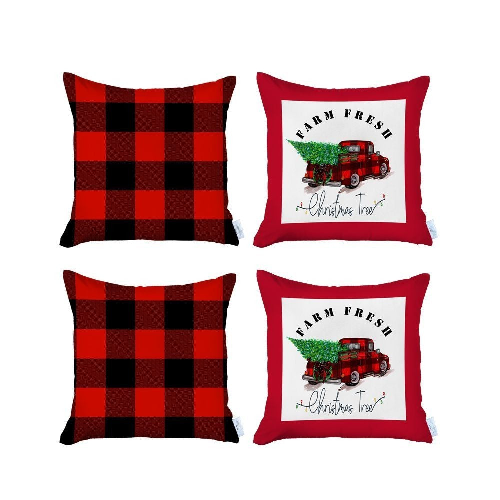 Set of Four Red and Black Christmas Christmas Tree Throw Pillow Cover