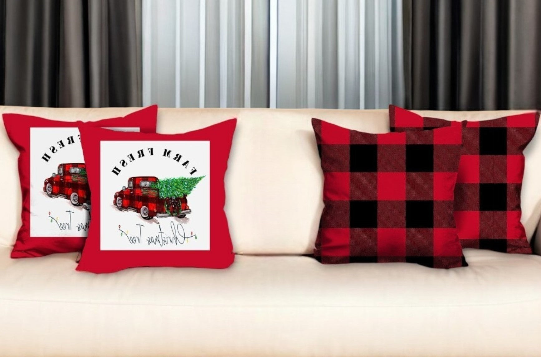 Set of Four Red and Black Christmas Christmas Tree Throw Pillow Cover