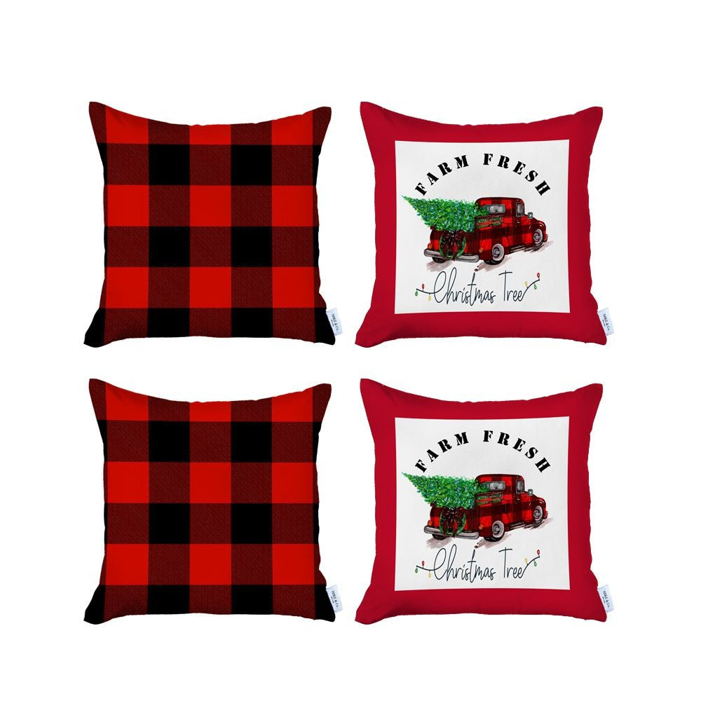 Set of Four Red and Black Christmas Christmas Tree Throw Pillow Cover