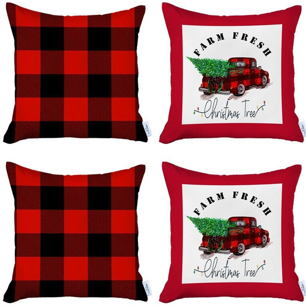 Set of Four Red and Black Christmas Christmas Tree Throw Pillow Cover