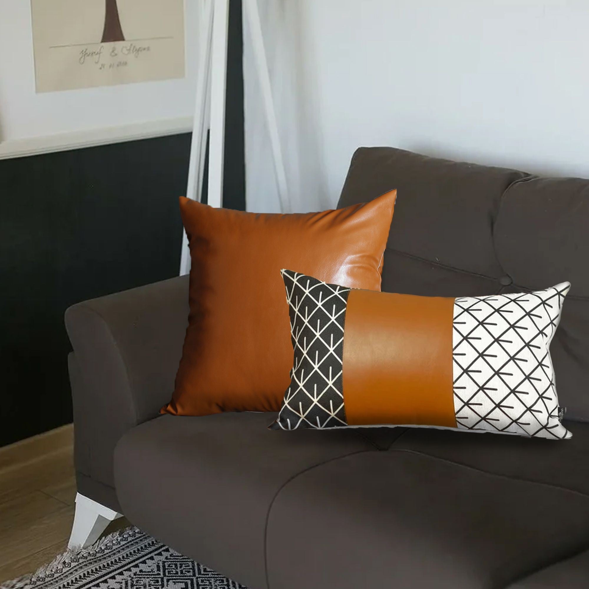 Set of 2 Rustic Brown Geometric Throw Pillows