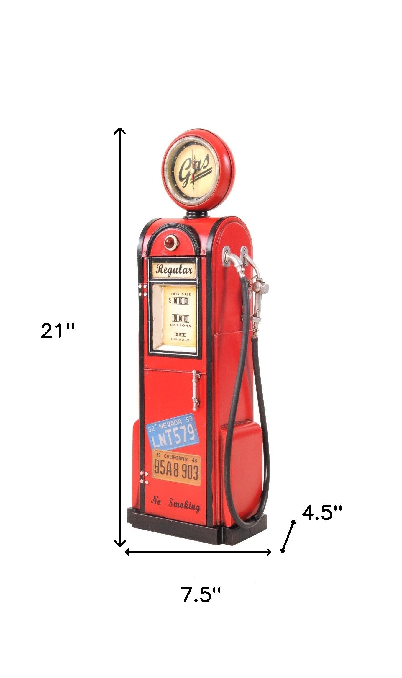 21" Red Metal Hand Painted Gas Pump Sculpture With Clock