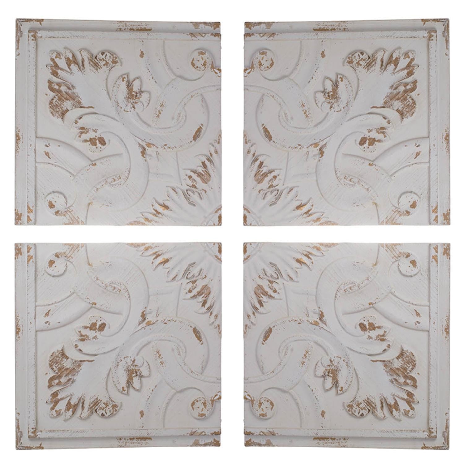 Set of 4 Whitewashed Arabesque Carved Wall Art