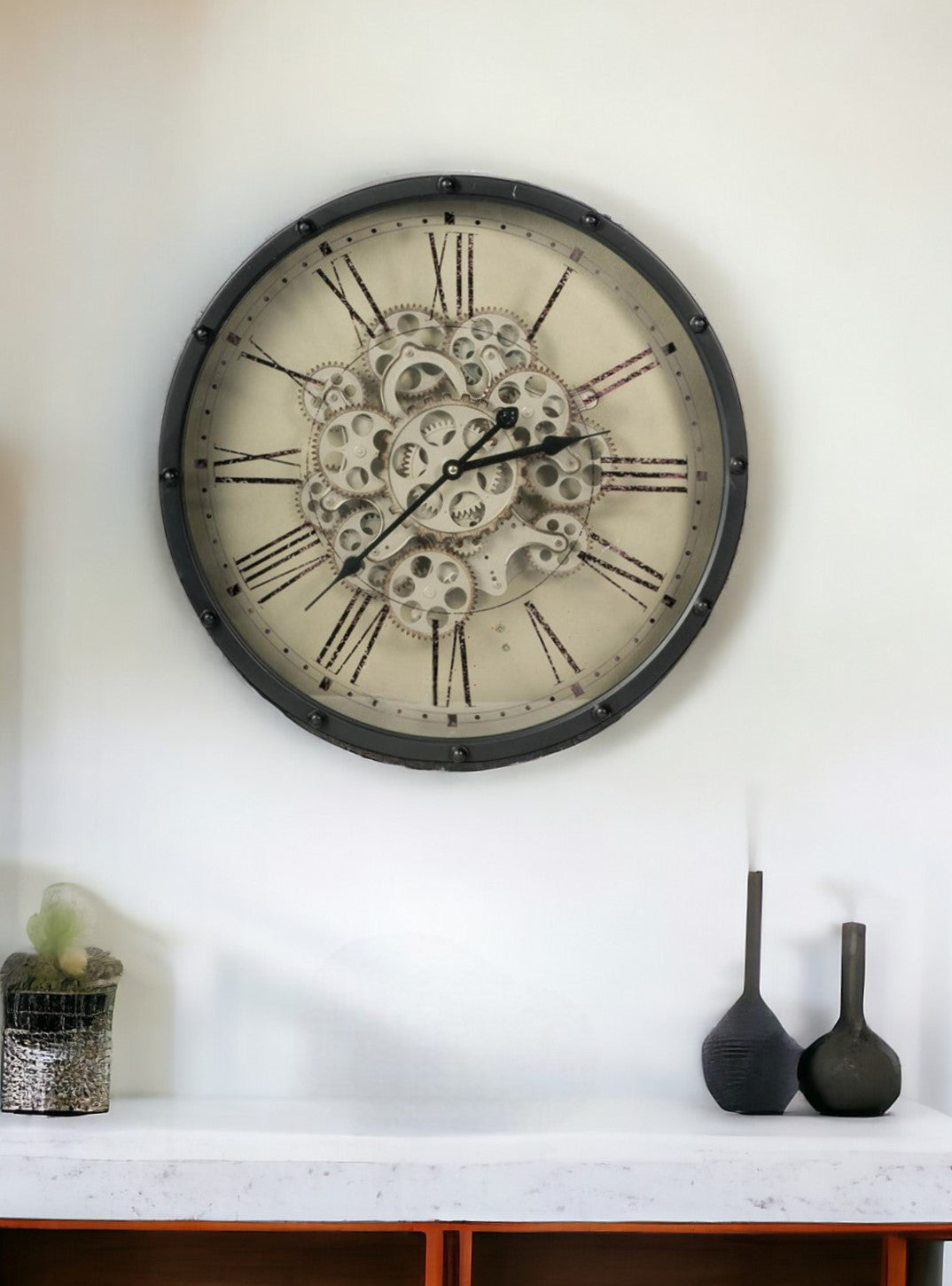 Black and Ivory Vintage Gear Industrial Wall Clock