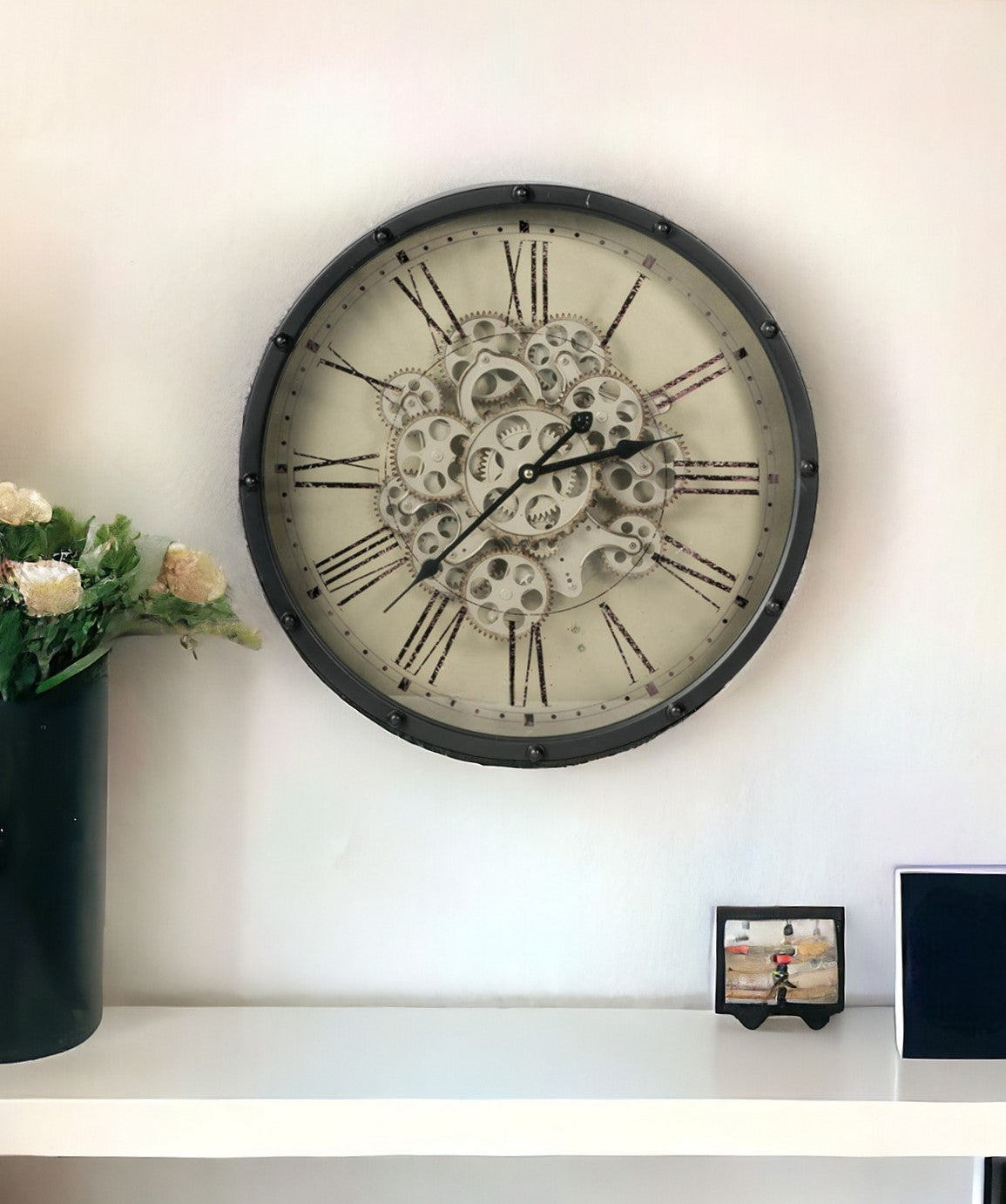 Black and Ivory Vintage Gear Industrial Wall Clock