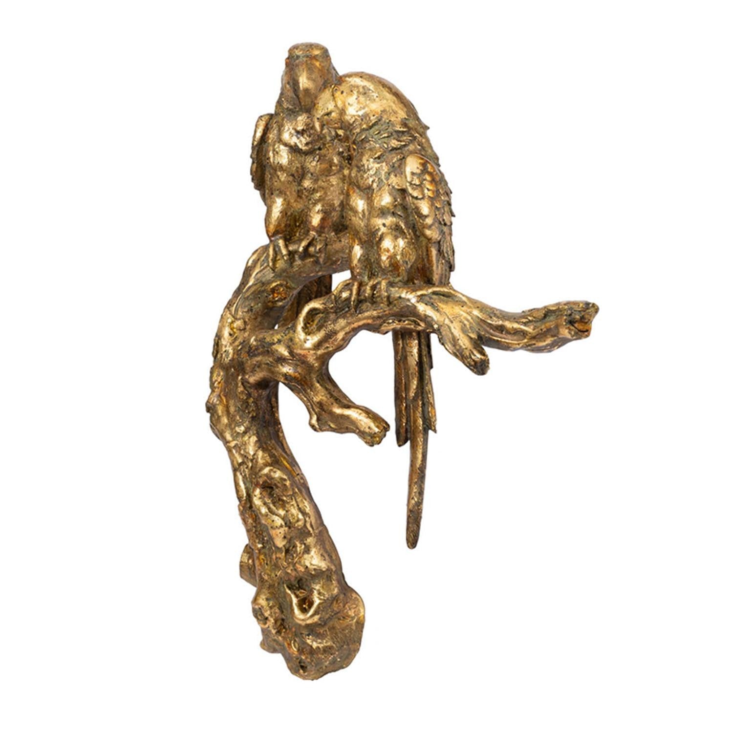 13" Antiqued Gold Parrots Sculpture