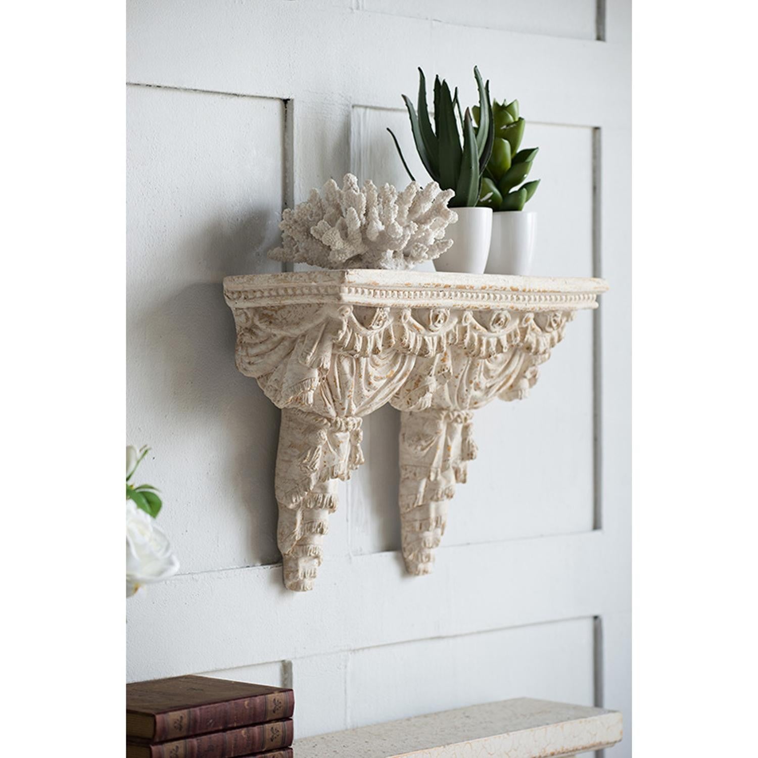 Rustic and Antiqued White and Gold Scroll Wall Shelf