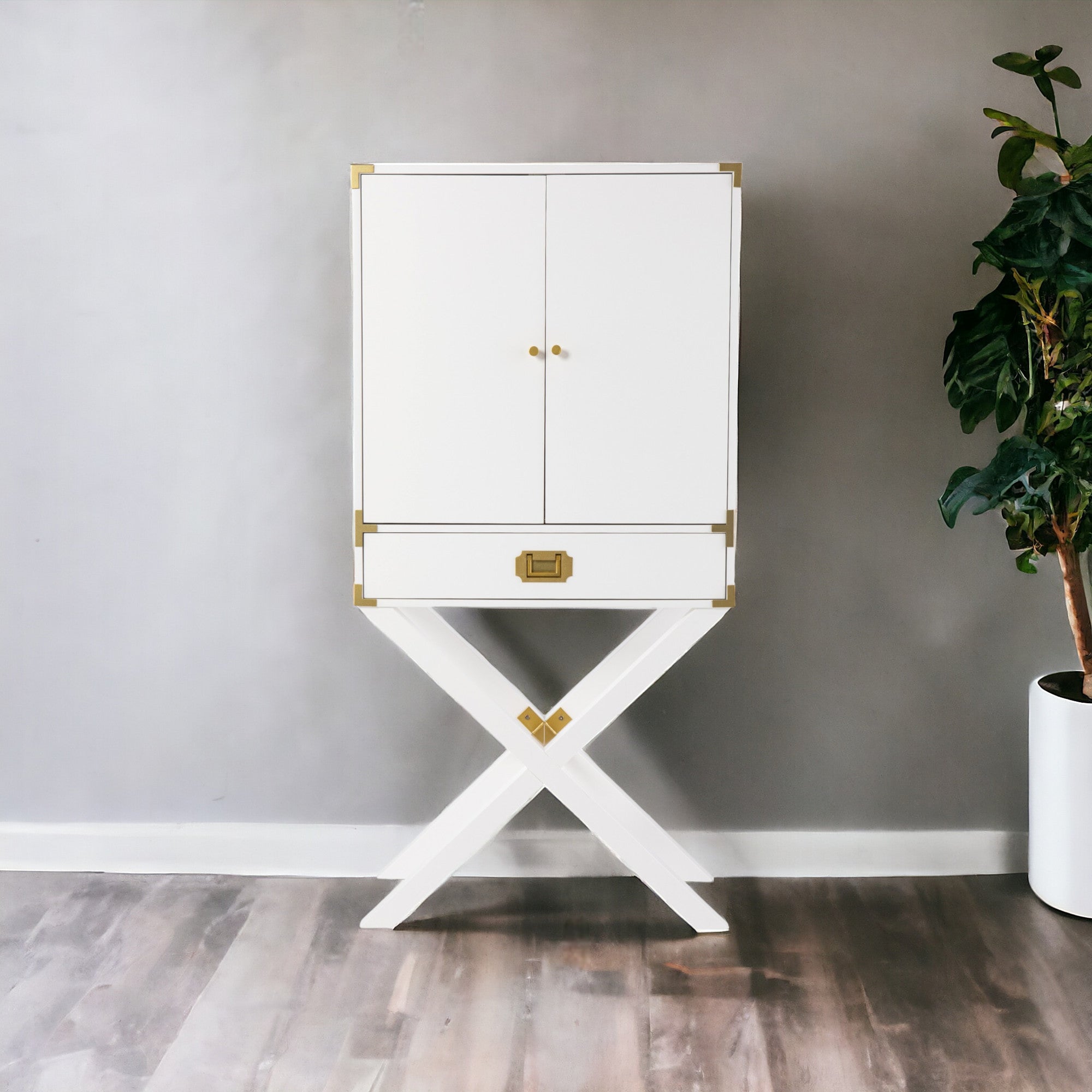 30" White Corner Display Stand With One Shelf And One Drawer