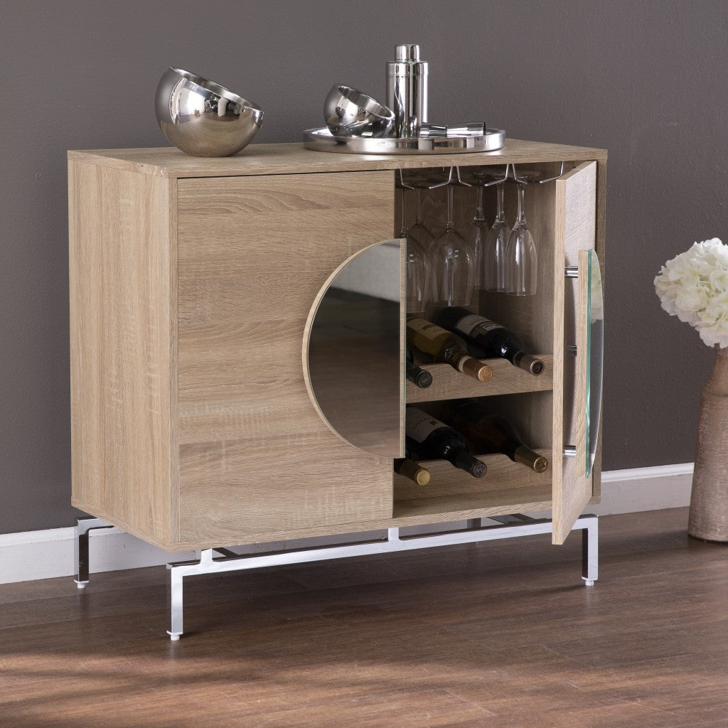 32" Natural and Chrome Mirrored Circle Double Door Bar Cabinet