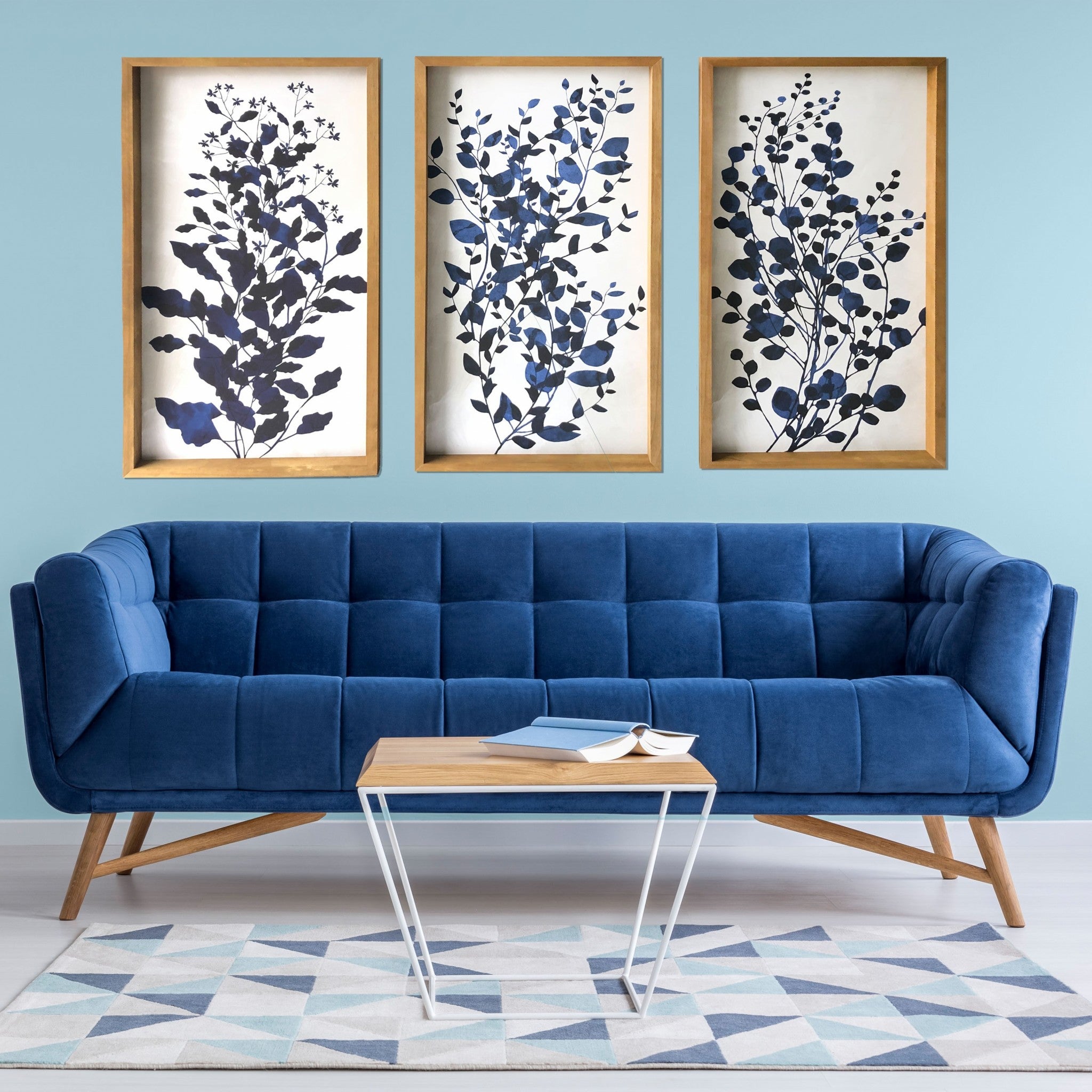 Set Of Three Blue Branches Framed Canvas Wall Art Picture Frame Graphic Art Wall Art