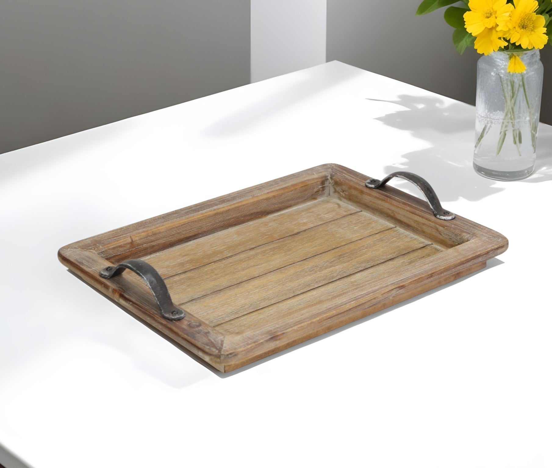 Wooden Paneled Tray with Metal Handles