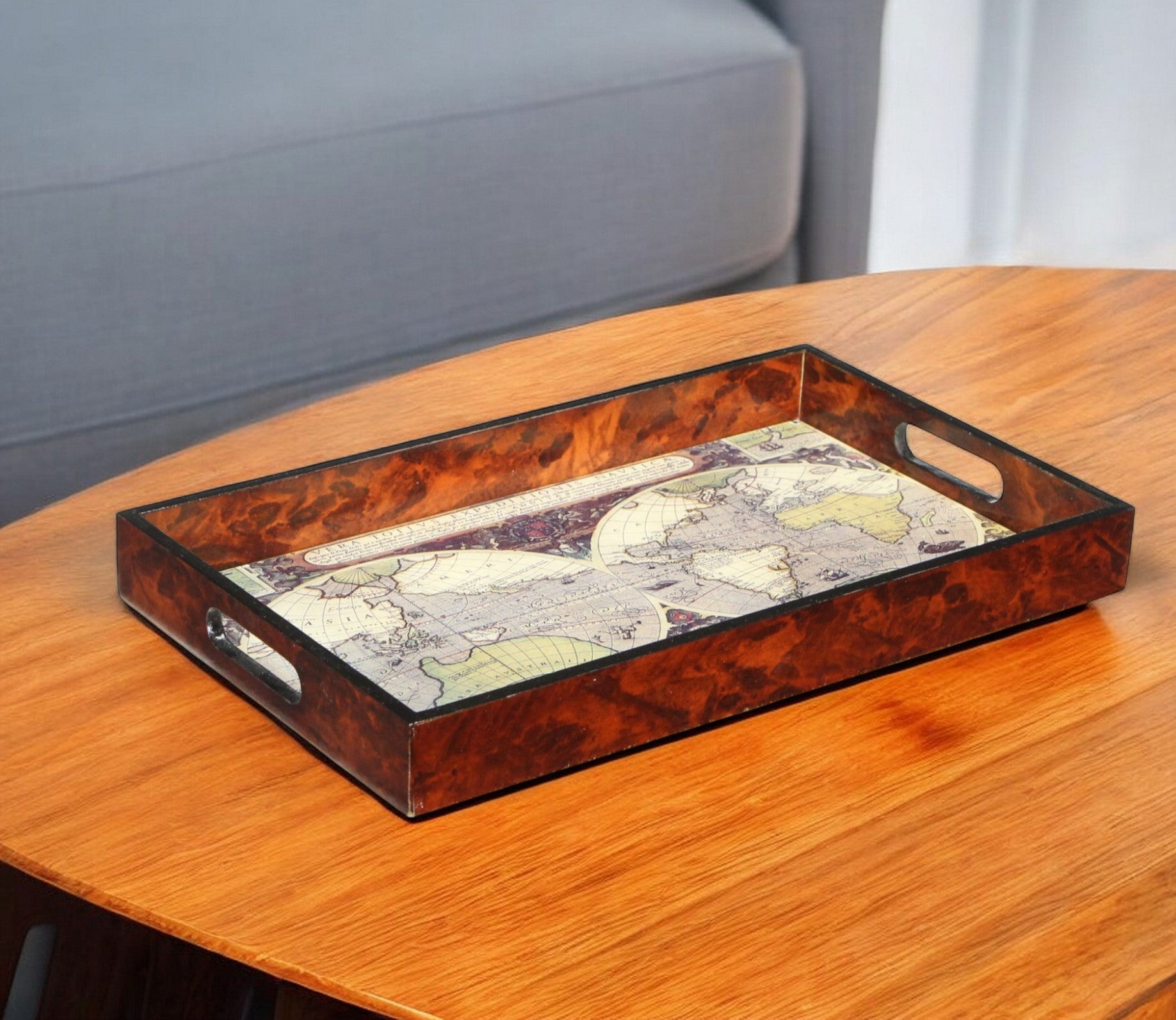 World Map Vintage Burlwood Serving Tray