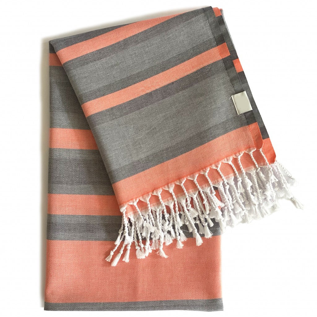 Peach and Dark Grey Striped Design Turkish Beach Blanket