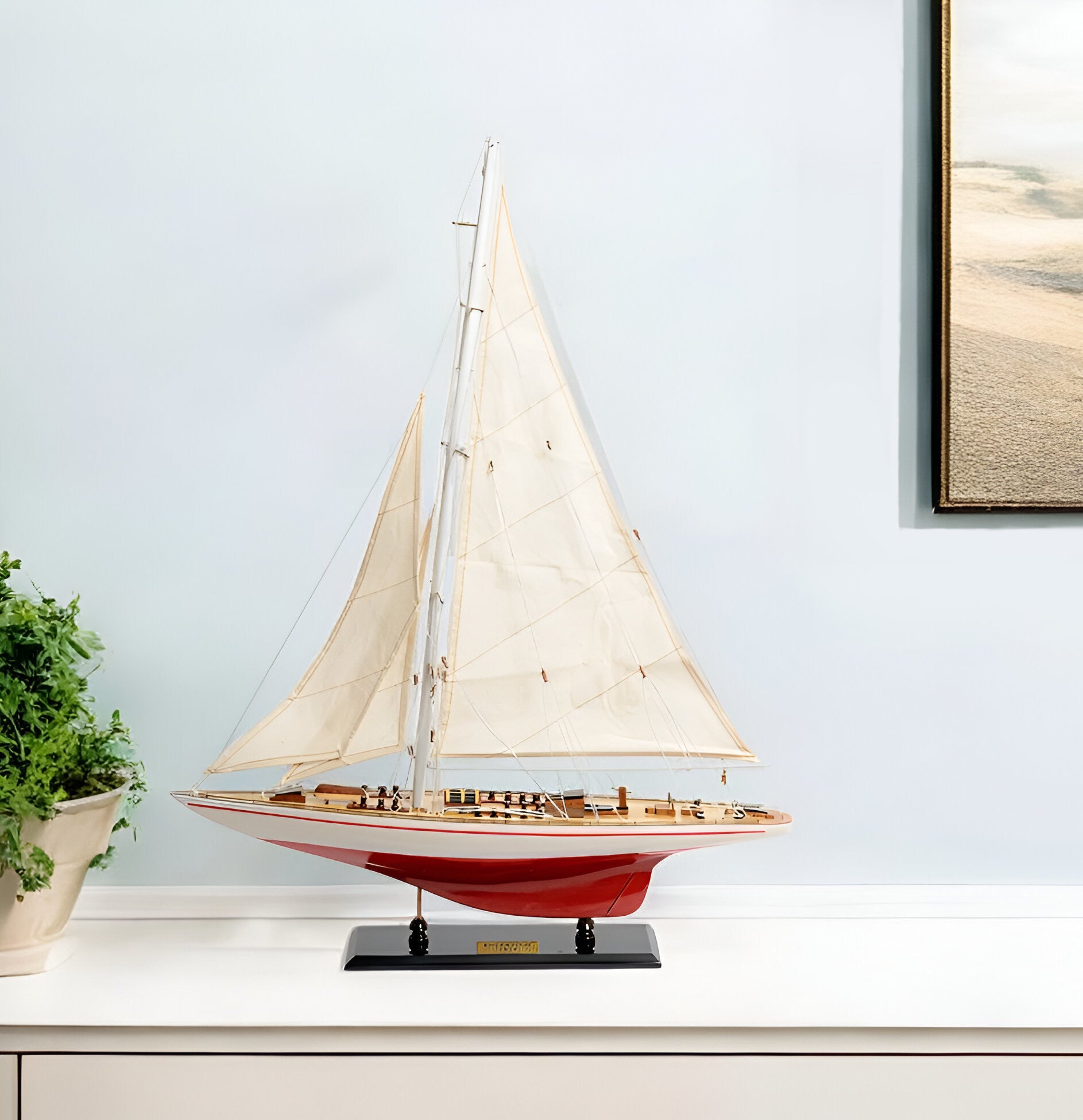 32" Red and White Endeavour Yacht Painted Boat Hand Painted Decorative Boat