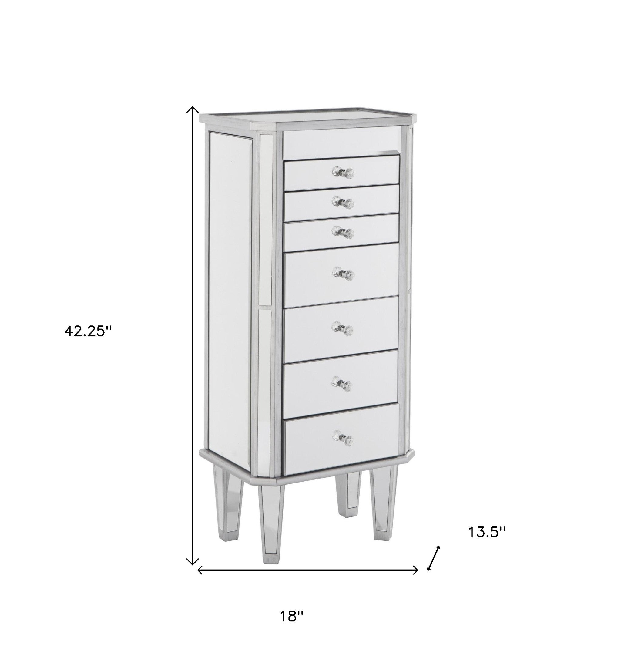 18" Silver Mirrored Writing Desk With Seven Drawers