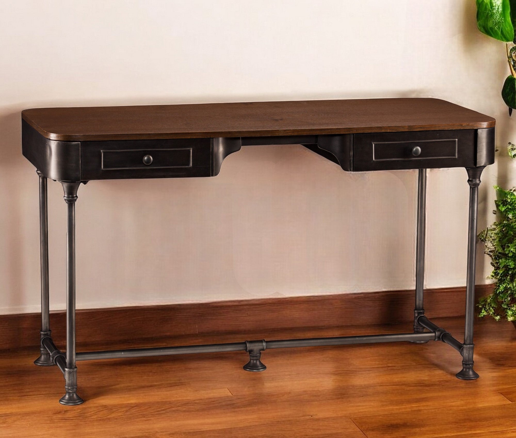 50" Brown And Silver Writing Desk With Two Drawers