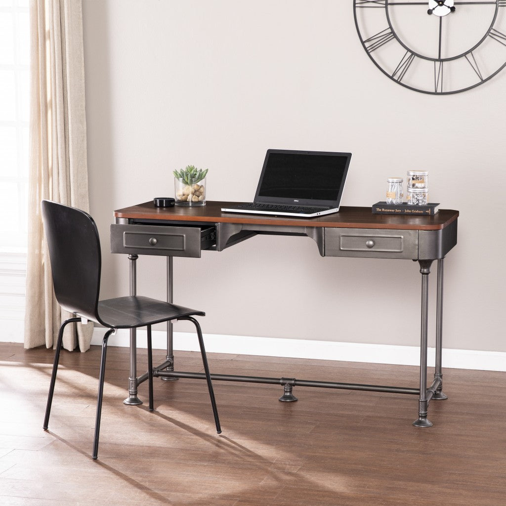 50" Brown And Silver Writing Desk With Two Drawers