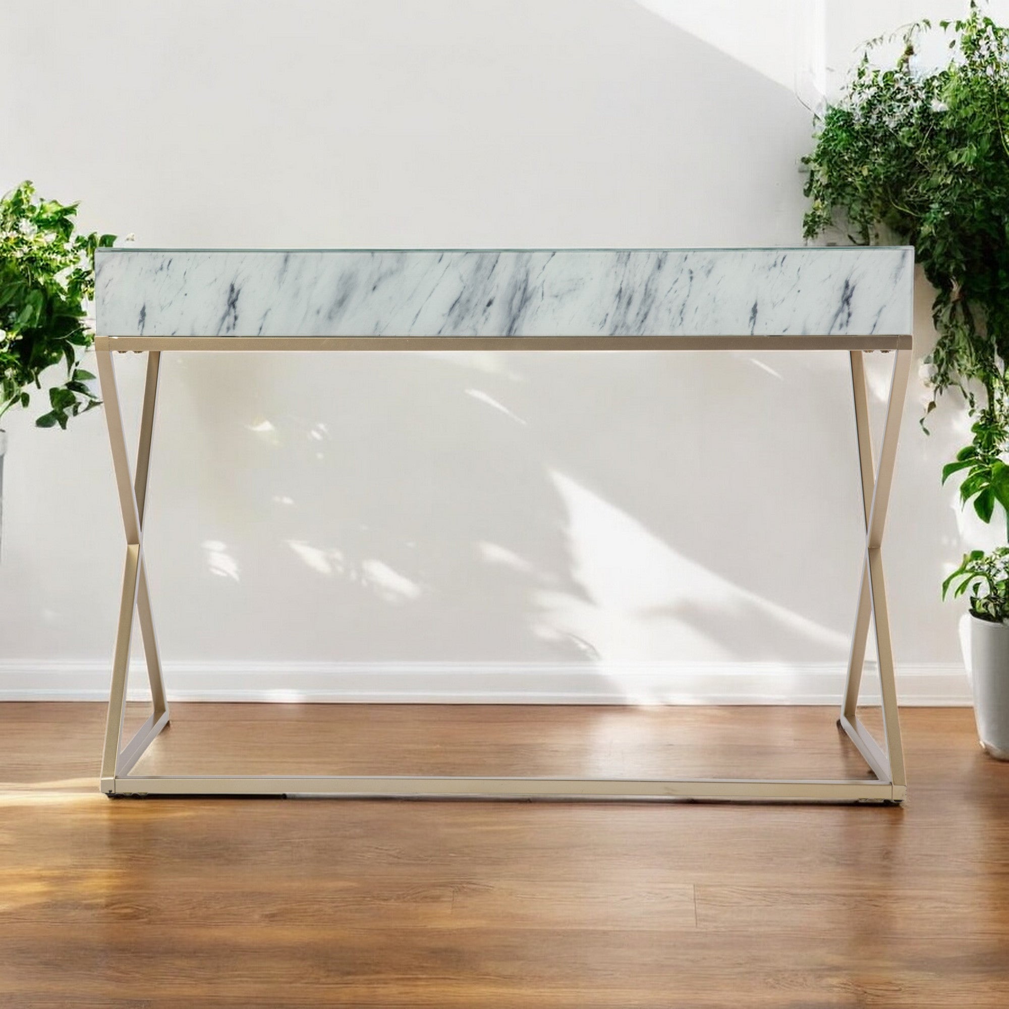 45" White and Bronze Glass Writing Desk With Two Drawers