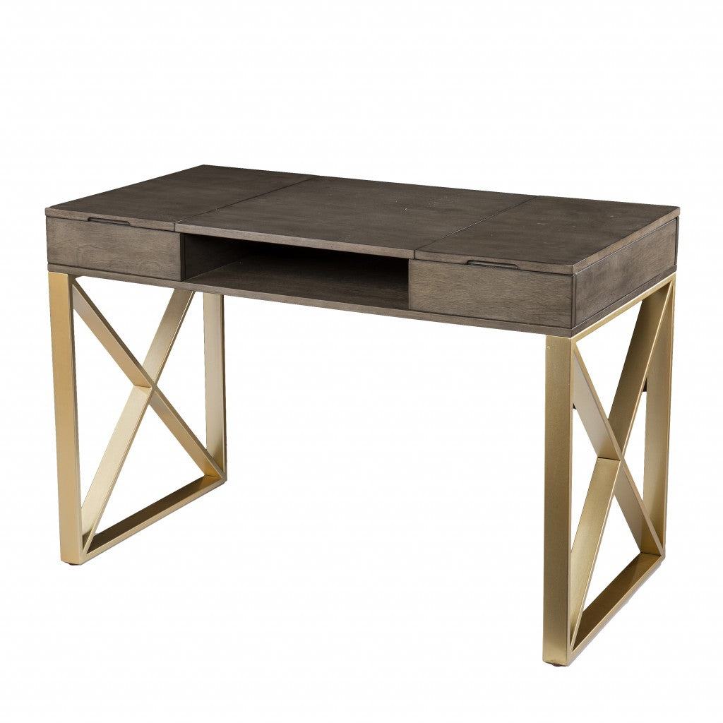 45" Gray and Gold Writing Desk With Two Drawers