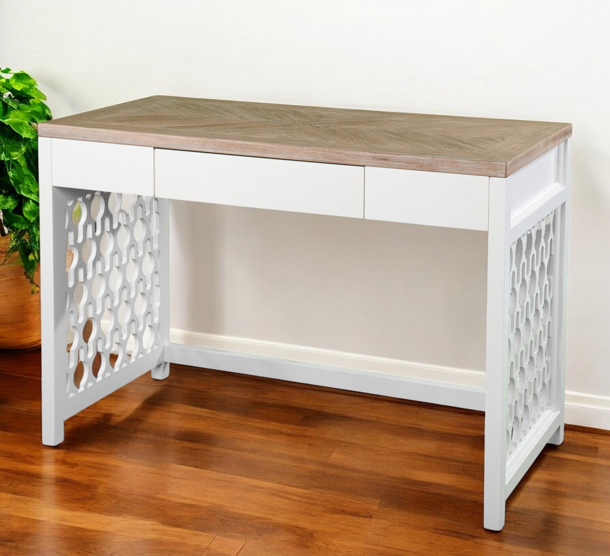 43" Natural And White Writing Desk With Three Drawers