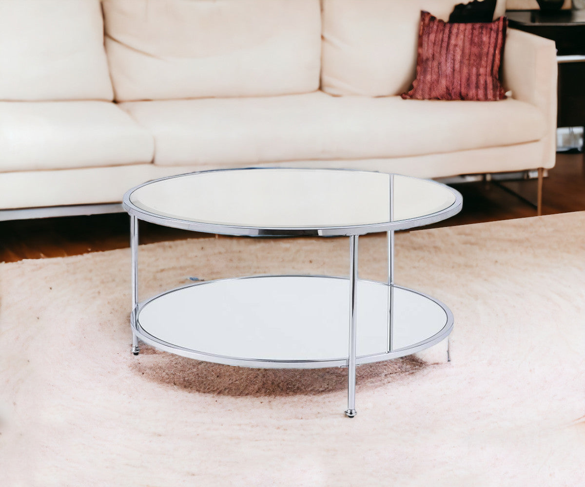 34" Chrome Glass And Metal Round Mirrored Coffee Table