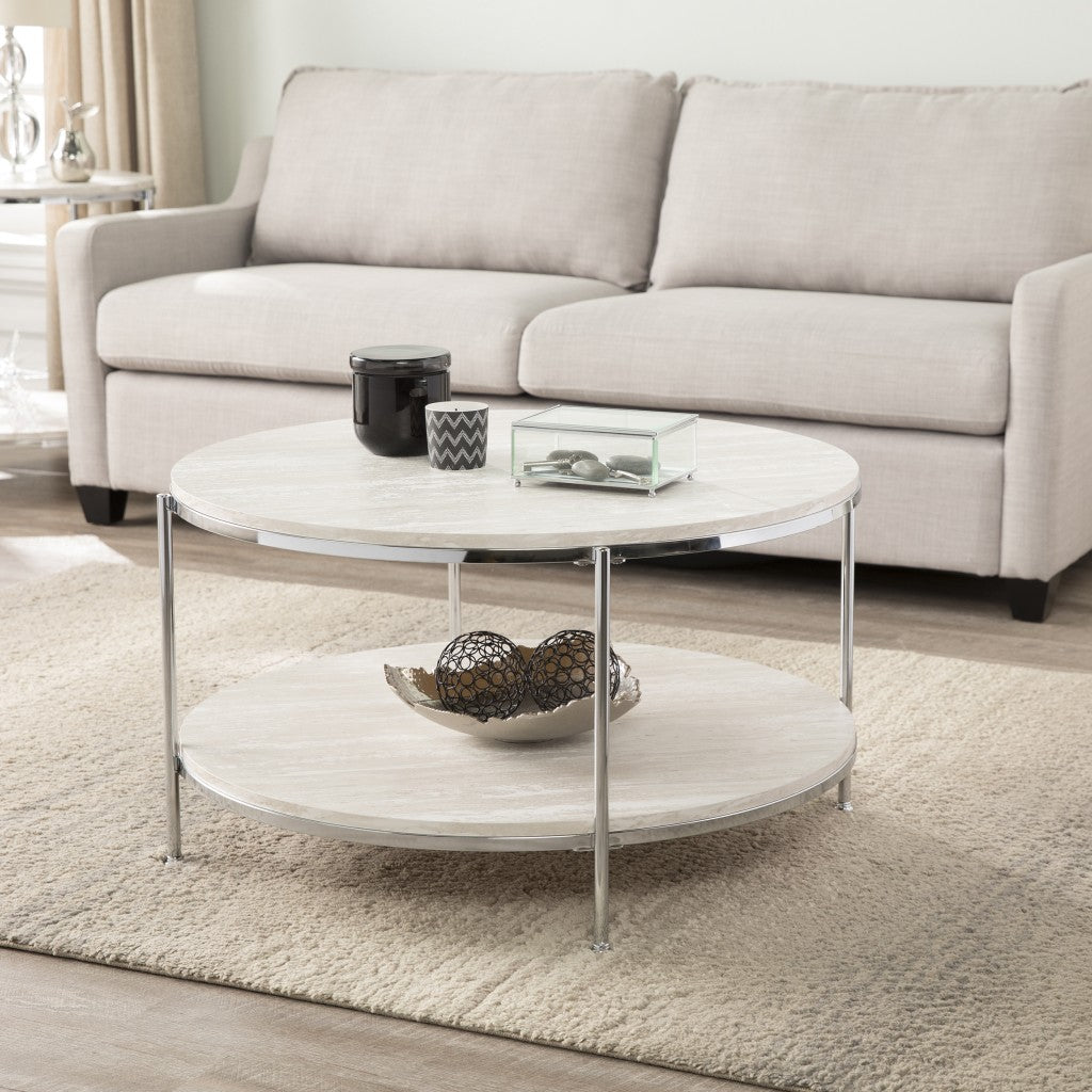 33" Chrome Faux Marble And Metal Round Coffee Table