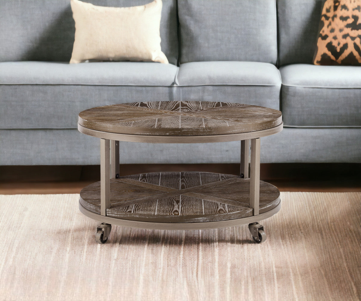 32" Brown Rustic and Distressed Round Two Tier Rolling Coffee Table