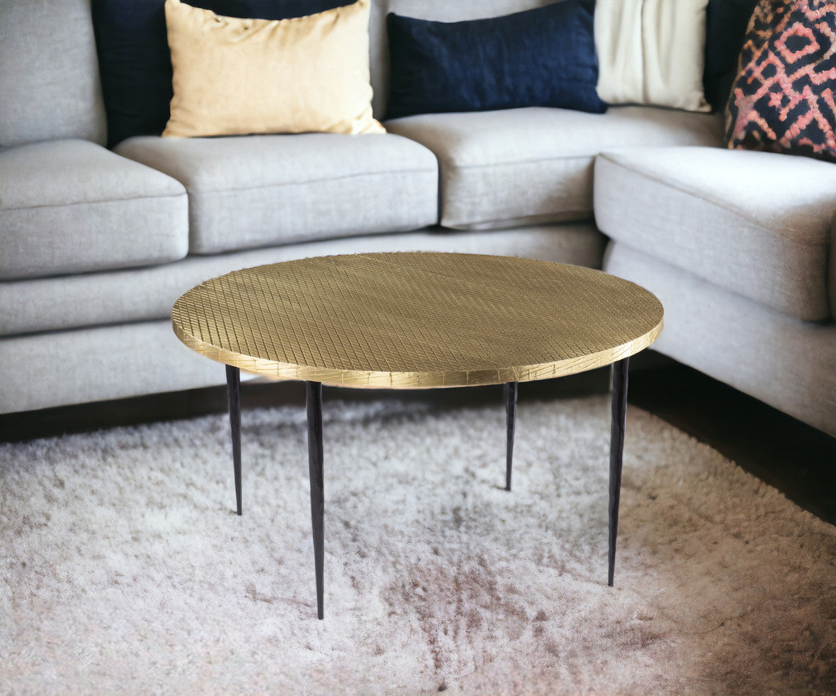 34" Black And Gold Embossed Metal Round Coffee Table