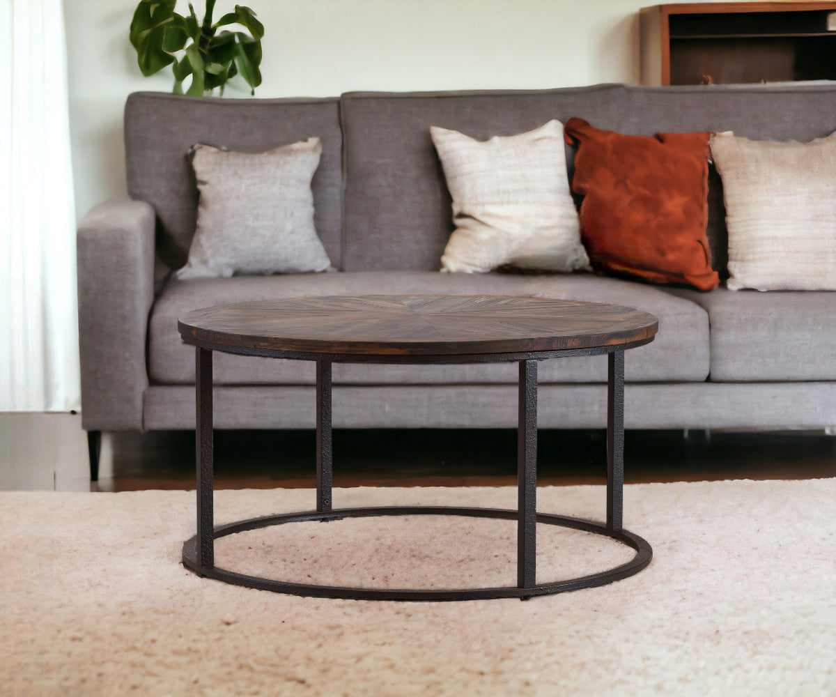 36" Natural And Brown Reclaimed Wood And Metal Round Coffee Table